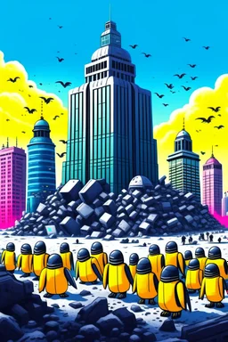 metaverse stock market crash lambourginis crashing binance tower crummblings tanks penguins robots at war beeple in the style of chapman brothers