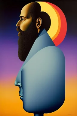 poetical, surreal minimalistic artwork, a 40 years old man with a huge beard filled with coloured musical notes, side light, side view, photorealistic, a painture in the style of Max Ernst, Renè Magritte,