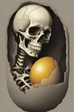 a haunting image of an embryonic human skeleton emerging from a cracked egg