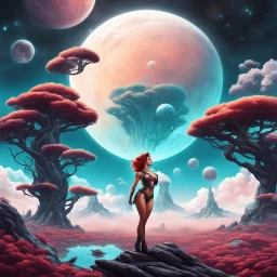 Sci-fi pin-up girl on an alien planet of cloud trees in the multiverse