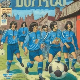 A 1980 medieval london comic cover of uruguayan sky-blue football magazine. At the street city, Monty Pyton. The beatles playing soccer.