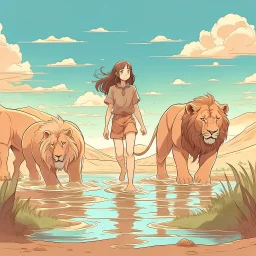 Girl with 3 lions walking in a lake on the steppe, anime style