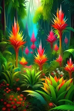 Fantastic imaginary tropical forest, sparkling, colorful bromeliad flowers