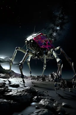 I want an image of a eight legged mechanical walker scaling a very steep rocky side of mout everest at night, it has a smooth surface, it has storage pods on its belly human can fit in the pods