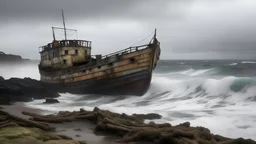 A picture of an abandoned ship standing on the coast of a deserted island on a cloudy day with rough waves. 1280x720