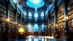 **Fantasy High-Tech Library**: "Create a fantasy high-tech library with modern architectural elements, where bookshelves are made of glowing glass, and magical symbols float in the air, evoking a dreamlike sense of knowledge and wonder."