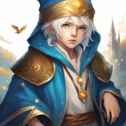 Fantasy World, A boy only wearing a closed wizards robe, and wearing a wizards hat. White Hair. Golden Eyes