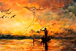 watercolor painting of watercolor painting of Fisherman Casting Net from canoe , pen line sketch and watercolor painting ,Inspired by the works of Daniel F. Gerhartz, with a fine art aesthetic and a highly detailed, realistic stylev
