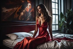 inspired by all the works of art in the world - a really beautiful brunette woman in a red night gown is laying in my bed, Absolute Reality, Reality engine, Realistic stock photo 1080p, 32k UHD, Hyper realistic, photorealistic, well-shaped, perfect figure,