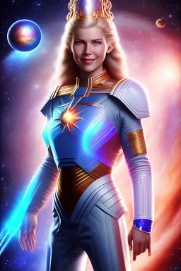 cosmic woman smile, admiral from the future, one fine whole face, crystalline skin, expressive blue eyes,rainbow, smiling lips, very nice smile, costume pleiadian, Beautiful tall woman pleiadian Galactic commander, ship, perfect datailed golden galactic suit, high rank, long blond hair, hand whit five perfect detailed finger, amazing big blue eyes, smilling mouth, high drfinition lips, cosmic happiness, bright colors, blue, pink, gold, jewels, realist, purple hairs