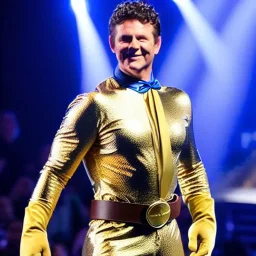 A superhero man with a sky blue spandex suit. He has a sky blue mask on, blue eyes, freckles, dimples, and curly dark brown hair. He's wearing gold boots and gold artist gloves with a white belt and has a gold M on his chest. His boots have small feathered wings on them, and his shoulders have shoulder pads. He is smiling