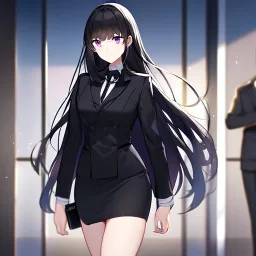 Clear focus,High resolution, Black long straight hair, Long bangs, and purple eyes, wearing a black suit, wearing a short skirt that is black