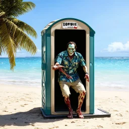 Zombie in a Hawaiin shirt trying to break into a port-a-potty on beach, inspired by the style of Dave McKean, sinister, foreboding, Dead Island aesthetic