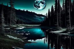 black, blue and white colors, fullmoon, pond, mountain, forest