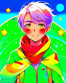 Boy, short white hair, wears a green shirt with yellow stripes, wears a red scarf, has light green eyes, his shirt has a star print, around him, uses star power in his hands, background with various colors and stars, HQ anime manga drawing style