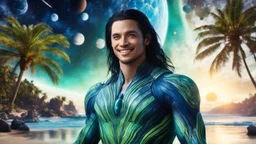 beautiful gorgeous young man na'vi with long hair, Avatar, blue skin, two small ears, green eyes, black hair, in cosmic suit, galactic ambiance, medium pointy goatee , smiling, with spaceship and planets and palm trees and clear crystaline cosmic beach in background