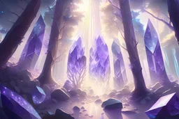 A sprawling crystal forest with trees made of gleaming quartz and amethyst, reflecting the sun's rays and casting a mesmerizing, kaleidoscopic light show.