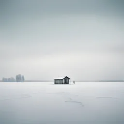 A captivating hyper minimalist photograph of a barren snow-covered lake, in the far distance is an ice fishing hut on the ice. The overall color palette is muted, the flat treeless landscape stretches out in a long shot, creating a sense of isolation and desolation