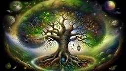 the tree of life connecting other worlds through portals on long roots to other worlds, on the right and left sides beautiful planets and galaxies behind the tree of life, beautiful flowers growing around the tree and flowing water around and fairies flying around the tree with birds.