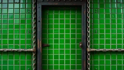 Puerta industrial con cadena tensa, resuelta en acrílico de alto contraste; la planta mínima entre las baldosas es un signo de resistencia, un verde que insiste en existir