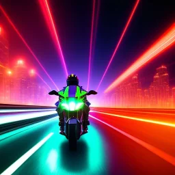 a guy in a futuristic motorbike leaving a futuristic city with neon lights at night, through a super highway, high speed, ASUS Republic of Gamers Style,Wallpaper for large desktop pc, Looking from behind from a higher view to the highway seeing tall skyscrapers, outer space, vanishing point, super highway, high speed, digital render, digital painting, beeple, noah bradley, cyril roland, ross tran, trending on artstation