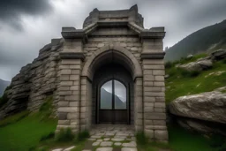 High resolution image of a stone monastery entrance shaped like rectangle located on mountain straiht cliffside on a overcast day