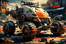 A car that's a hybrid between a organic crab and a mecanic tank, robotic, ready for battle, worn-out, with large rims and tires, fully mechanical, on a street in post-apocalyptic cities.