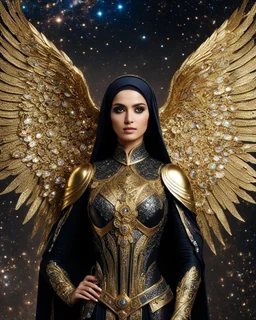 Photography A Length Super model Iranian Woman Hijab as Beautiful Archangel with wings made from metal craft,dressing luxurious golden and black color armor filigree fcombination fully crystals diamonds stone crystals,Cosmic Nebula Background