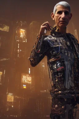 A portrait of post-apocalypse cyborg ANTHONY FAUCI in a cyberpunk city, sci-fi fantasy style, volumetric lighting,highly detailed,cinamatic,gold colours,8k, 3D octane render, lisa parker, dark, 8k.