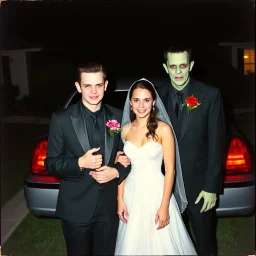 Teenage Frankenstein and teenage bride of Frankenstein as awkward teenagers in prom attire posing for an uncomfortable picture in front of a limo, forced smiles, grainy amateur photograph, corsage, hyperrealism, sinister, heavy atmosphere, background a suburban front lawn