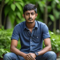 an 24 year old indian man, oval face, light skin, wearing shirt and jeans, sitting in a garden, peaceful, front face portrait, short hair, muscular and fit, handsome