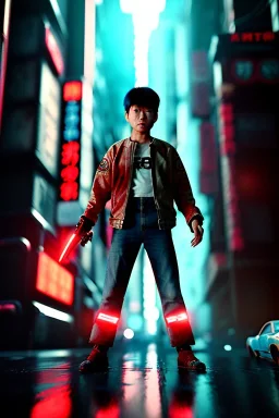 Thriller movie, Kaneda from Akira anime, neotokyo city background, glow eyes, cinematic, Ultra realistic, wide angle view, soft color, highly detailed, unreal engine 5, RTX, ultra detail, 3d, finely drawn, high definition.