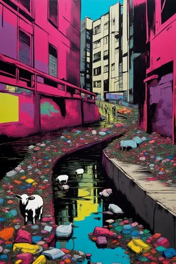 painting of a cyberpunk colourful natural walkway rubbish on the street in the city with pollution and a small bridge by a creek with electric sheep and androids by andy warhol