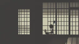monochromatic japanese classroom with a shadowy figure looking out the window holding a transparent key emanating glow that colors the surroundings, anime
