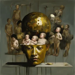 a huge golden brain supported by very small beautiful Asian female human bodies, complex surgical instruments mix a newborn boy between light and shadow, surrealism, symbolism, minimalism, sculpture by Adrian Ghenie, Lucian Freud, Rene Magritte, Salvador Dali