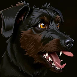 illustration of an angry scruffy black terrier on black background, yellow eyes