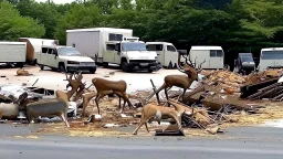 the deceased fawn's family deer raid moving truck company parking lot making a lot of destruction