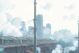 Smokey cyberpunk cityscape, dystopian