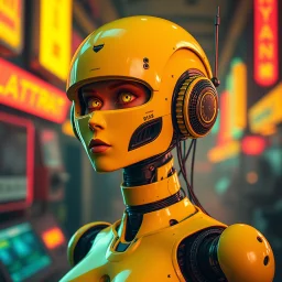 a feminine android robot, yellow, dystopia, cyberpunk, neon, obsolete