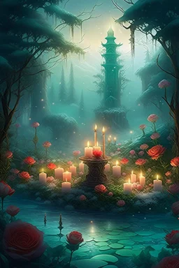 CANDLES ARE BURNING IN A WONDERFUL CLEARING IN A MAGICAL FOREST, THE NIGHT IS FULL MOON, SNOW, MAGIC Watercolor, double Chinese rose bush, ultra-detailed, morning, rain, greenery, beautiful landscape, fog, many details, delicate sensuality, realistic, high quality, 3d, work of art, hyperdetalization, filigree, foggy haze background, hyperrealism, professional, transparent, delicate pastel tones, back lighting, contrast, fantastic, unreal, translucent, glowing, clear lines, epic fabulous, fab