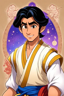 disney japanese prince aladdin with asian eyes, small eyes, japanese asian