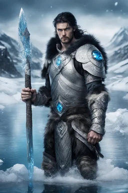 1 man. warrior, with blue eyes and black hair man in silver Viking armor with fur around the neck with blue crystal on his chest, standing in water in the artic, holding a ice axe, warrior in anime style,