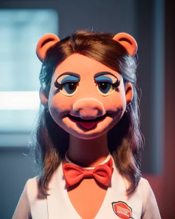 waitress woman with muppet head, real photo, concept art, retro style, smooth, unreal engine 5, god lights, ray tracing, RTX, lumen lighting, ultra detail, volumetric lighting, 3d.