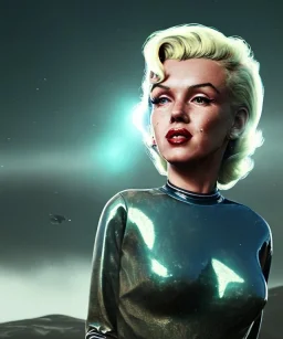 Ultra Realistic retro sci-fi 1960 scene, waist up view portrait, blonde woman, sweet young Marilyn Monroe face, perfect iris, tight latex coat, Strange planet background, Retro sci-fi style glass helmet, sphere dron, fog, rain, soft color, highly detailed, unreal engine 5, ray tracing, RTX, lumen lighting, ultra detail, volumetric lighting, 3d, finely drawn, high definition, high resolution.