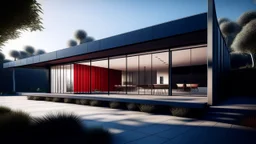 Mies van der Rohe-inspired modern house with sleek, minimalist glass and steel architecture set against a natural landscape backdrop, high detail, navy blue, cherry red and soft cream color scheme, scandinavian vibe, diffused pale light