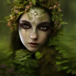 Portrait of beautiful girl, plant, metal, feathers, Dryad, fae, sidhe, ominous, nature, plants, wildflower, facepaint, dnd character portrait, intricate, oil on canvas, masterpiece, expert, insanely detailed, 4k resolution, retroanime style, cute big circular reflective eyes, cinematic smooth, intricate detail , soft smooth lighting, soft pastel colors, painted Renaissance style, 800mm lens