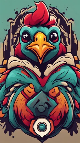 Design a vibrant, gaming-influenced logo of a chicken, featuring bright colors and a dynamic lighting scheme. Incorporate abstract shapes and textures to create an eye-catching composition.