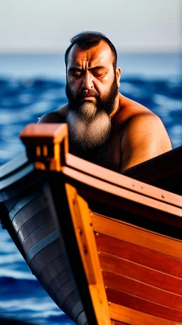 close up photography of a serious burly turkish fisherman sleeping sunbathing sitting in a fisher wooden boat, in boxer, manly chest, ugly, 31 years old, bullneck, beard, muscular chubby, angry eyes, photorealistic, Canon EOS, 8k