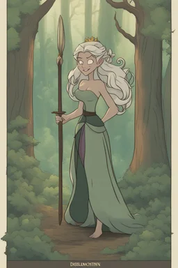 [Disenchantment, Ursula] Deep within the heart of the enchanting forest, where the towering trees swayed in the breeze and the melodies of nature filled the air, Ursula, a tall and imposing figure, embarked on an unexpected journey. Her robust build and sturdy physique made her stand out against the backdrop of lush greenery. Ursula, known for her role as a warrior and protector of Dreamland, had entered the forest with a purpose. In her human form, she bore wild, blond hair that flowed untame