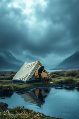 A tent in a stormy wether beside a man with his dog struggling from the winds in the northern pool, great quality, 8K, cinematic scenery, cloudy windy weather